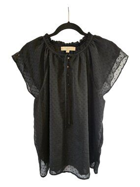 LOFT BLACK SWISS DOT SHEER TOP WITH RUFFLE NECK TIE SIZE LARGE